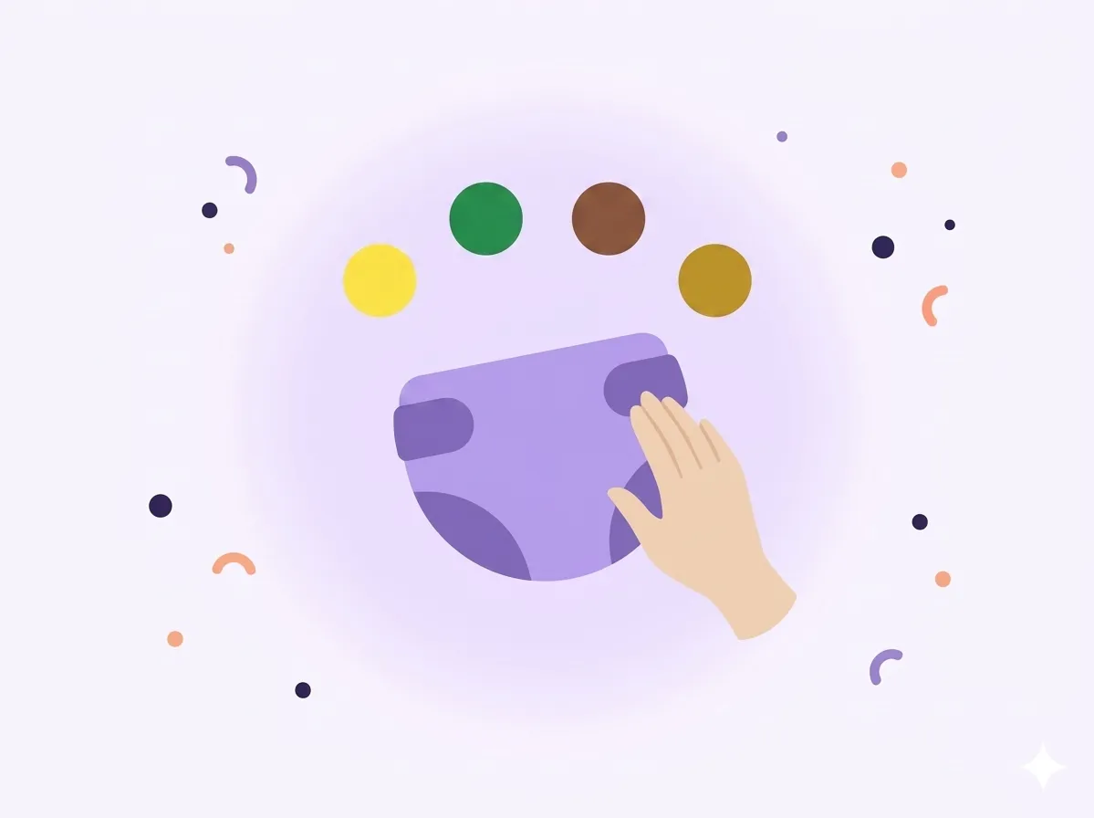 Flat vector illustration of a soft lavender diaper with a small arc of color swatch dots above it, representing a baby poop color chart