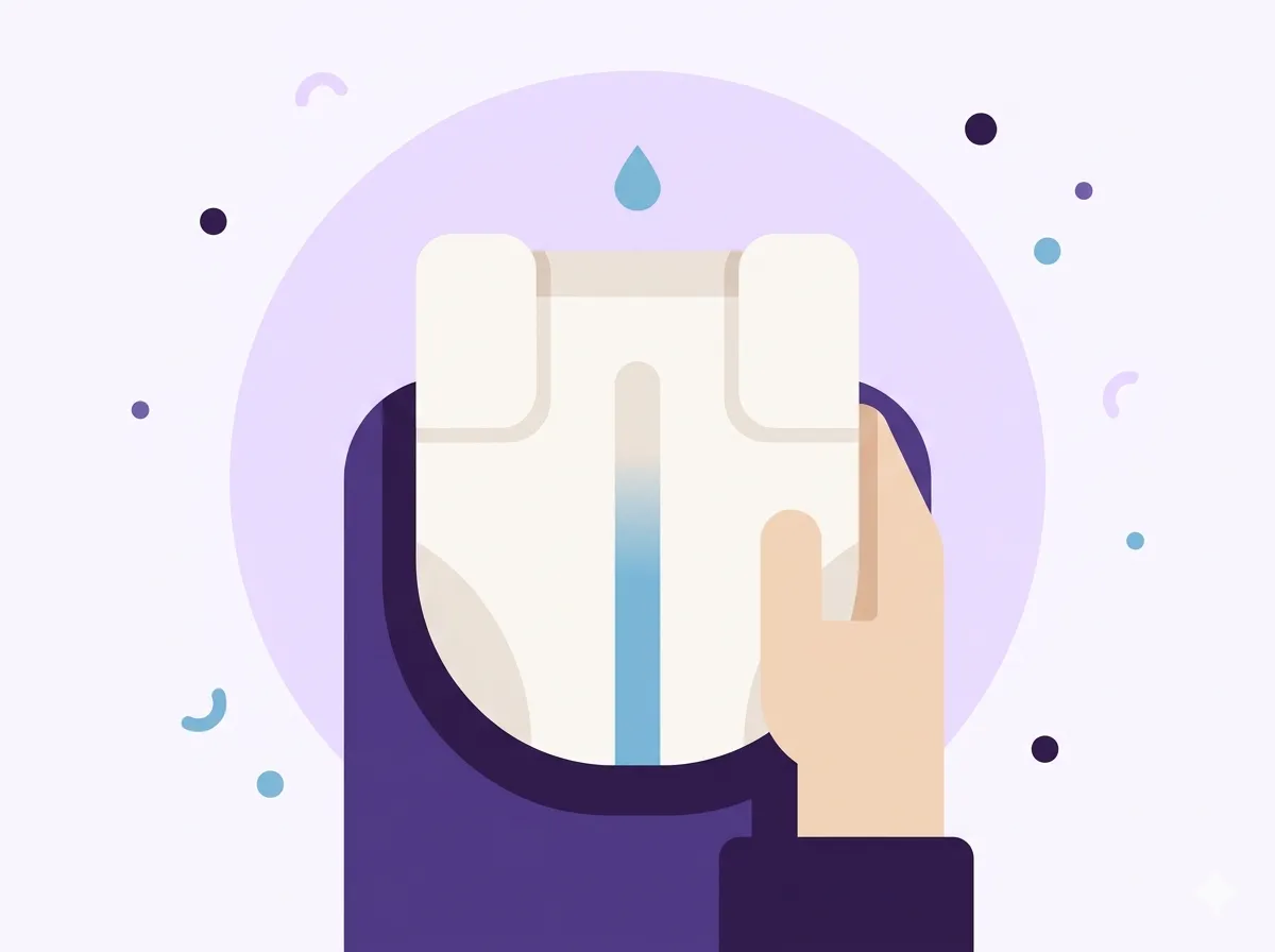 A minimalist, flat vector illustration shows a tall, warm-white diaper with a central indicator stripe transitioning to water blue, steadied by a simplified, blocky beige hand. Set against a soft lavender circular halo and off-white background, the scene features a floating blue droplet and sparse geometric confetti.