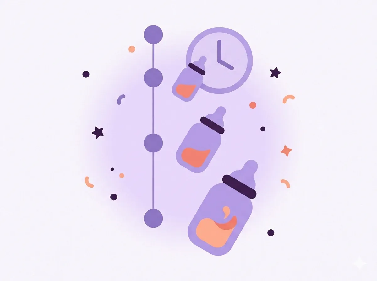 lat vector illustration of a vertical timeline with three lavender dots, each beside a baby bottle growing larger from top to bottom, and a simple clock motif — showing how newborn feeds get bigger and spread further apart with age.