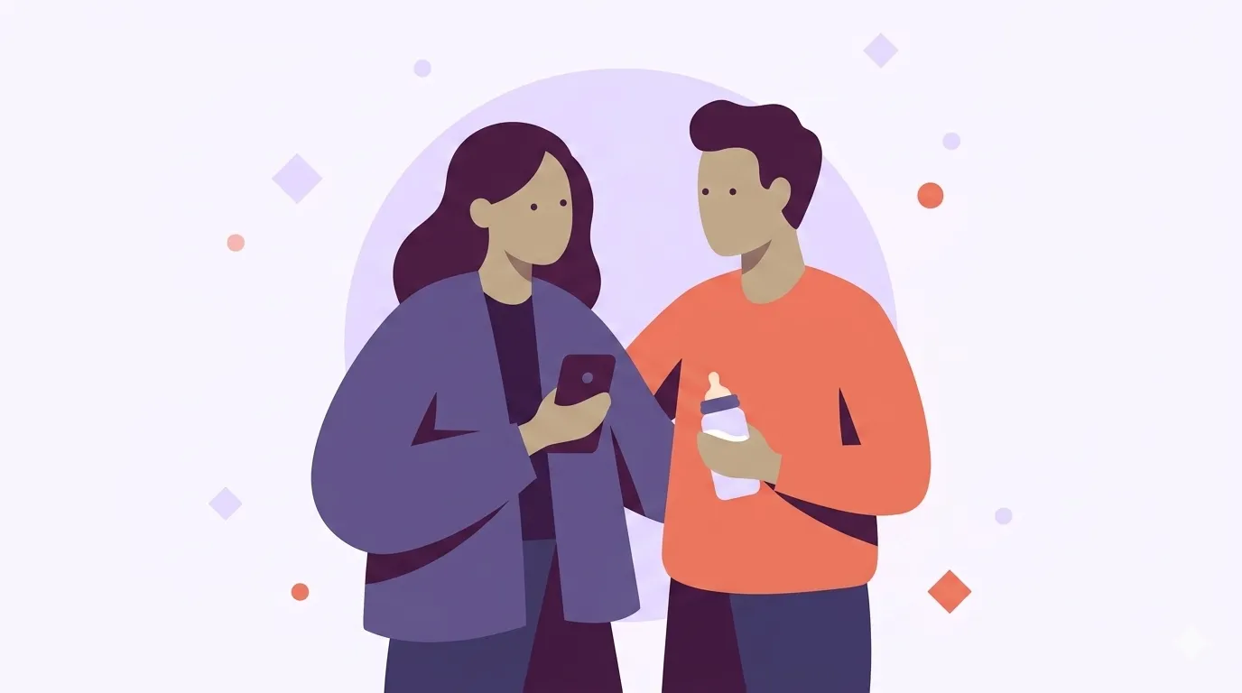 Two partners standing close together at night, one holding a phone and the other a baby bottle, illustrated in flat lavender and coral tones.