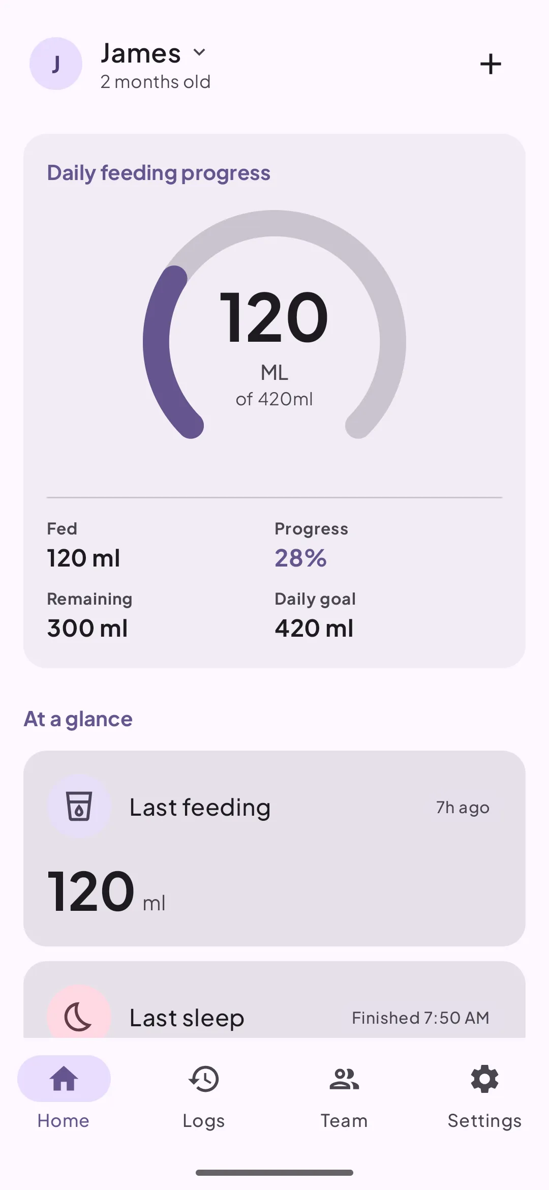 NextSip Android app home screen showing daily feeding progress, last feeding, and last sleep