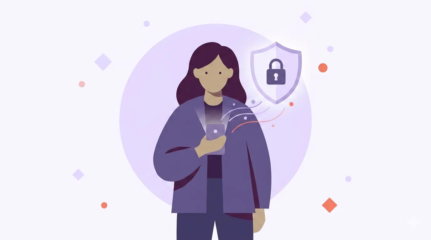 A calm parent holding a phone with a softly glowing shield rising behind them, signalling private and protected baby data, illustrated in flat lavender and coral tones.