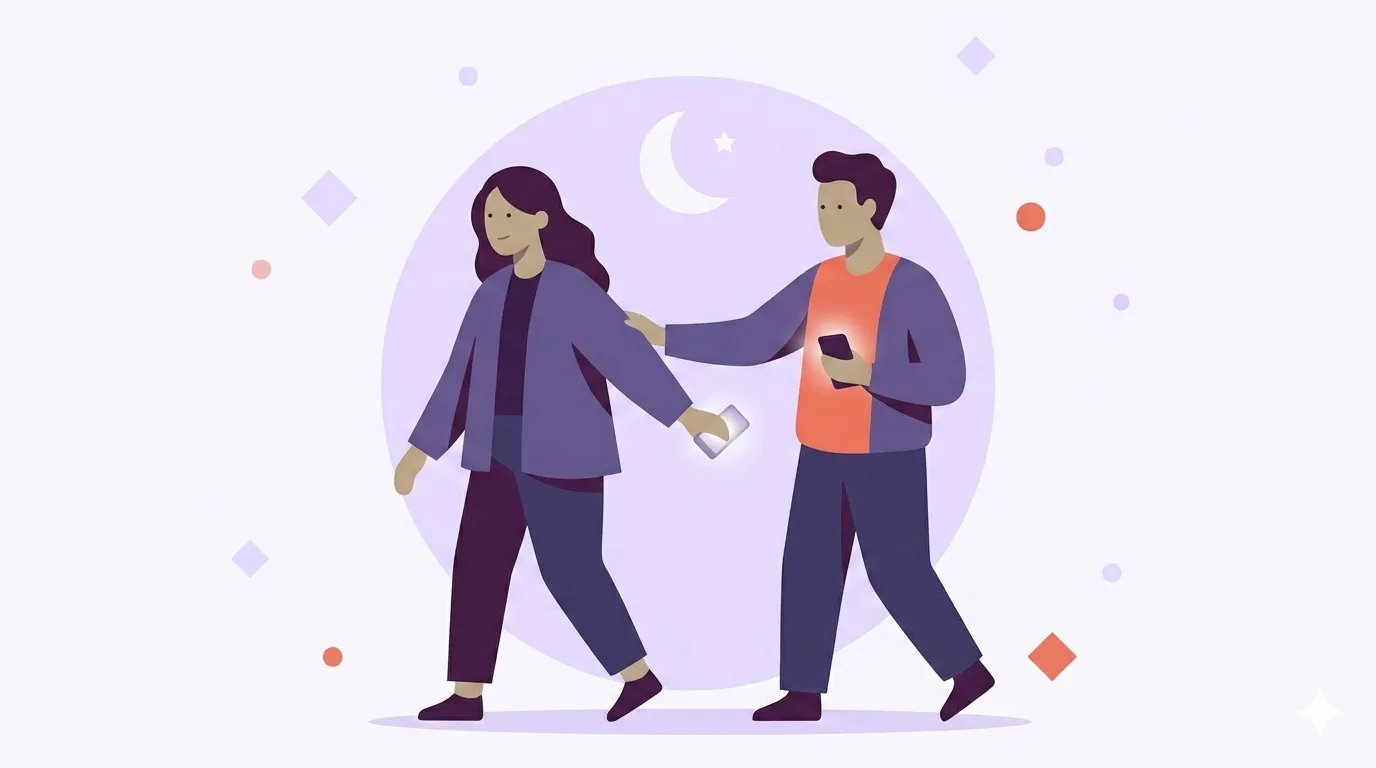 Two partners passing a glowing phone between them in a dim nursery, like a baton exchange, with a soft crescent moon overhead, illustrated in flat lavender and coral tones.